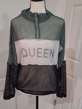 Impulsive Mesh Colorblock 'Queen' Pullover Top - Green / White / Black - Size 2X